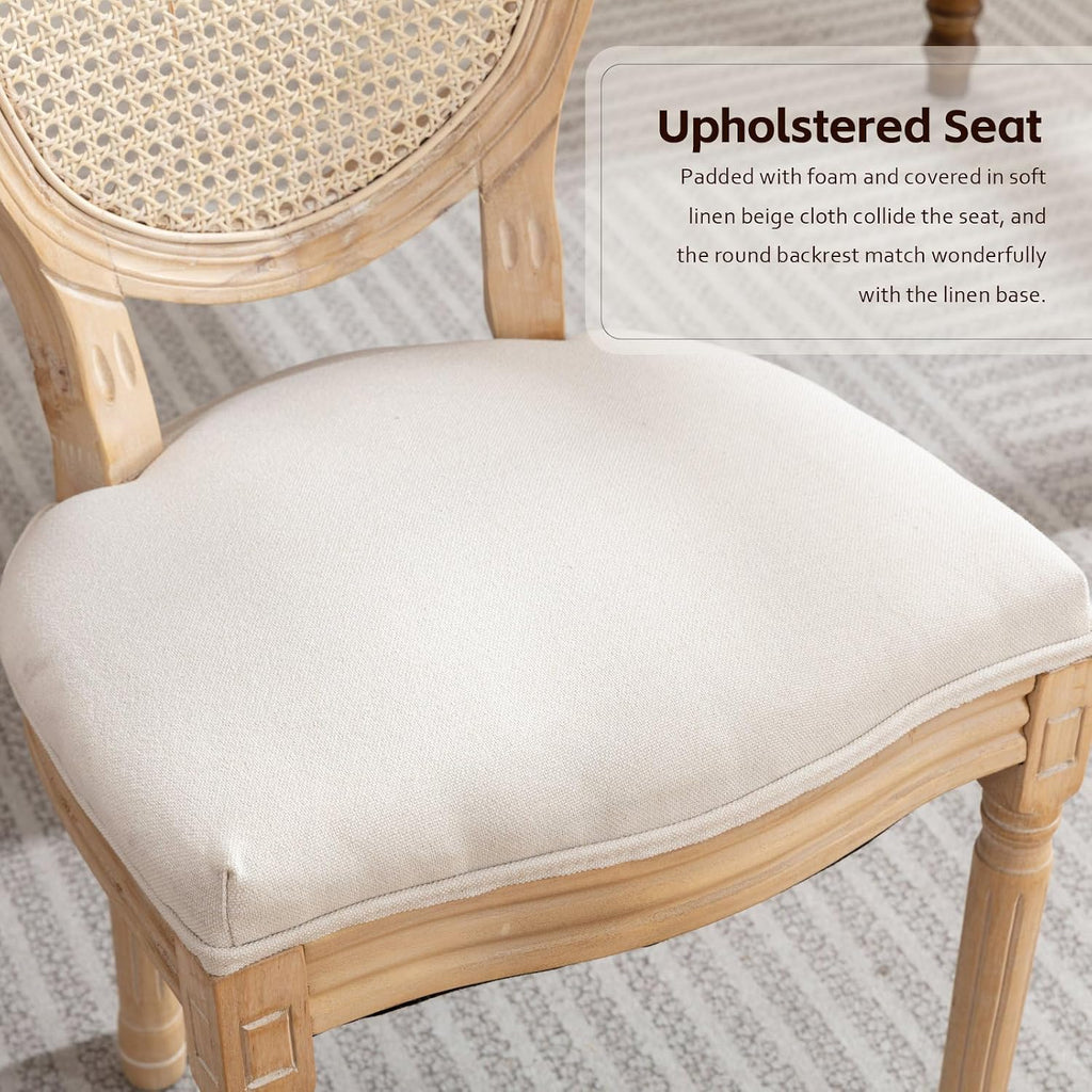 Rattan Back Upholstered Dining Chairs Set of 4 French Country Oval Kitchen Side Chairs with Wood Legs for Dining Room