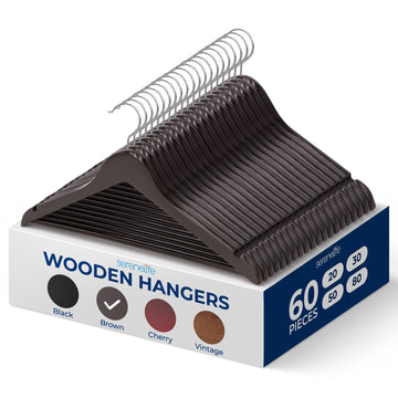 Wooden Clothes Hangers 60 Pack, Brown Wood Coat Hangers, Non-Slip Shoulder Grooves & Notches, 360° Swivel Chrome