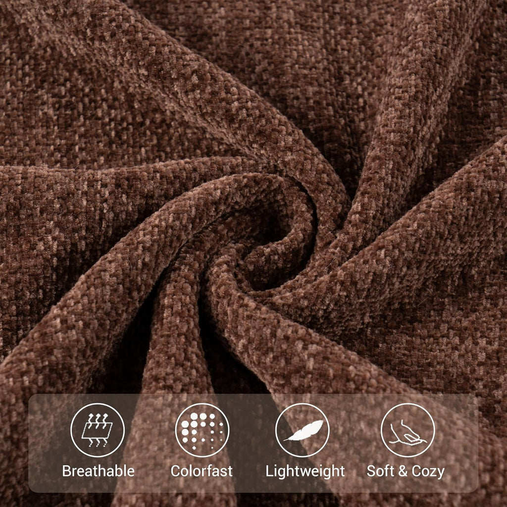 Brown Chenille Throw Blanket, Soft Cozy Textured Knit Throw Blanket with Handmade Fringe Tassels, Lightweight