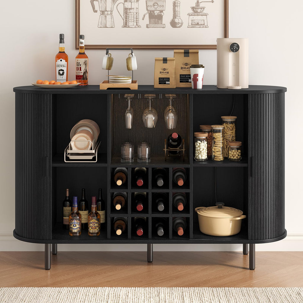 55 Inch Fluted Wine Bar Cabinet with LED Light, Black