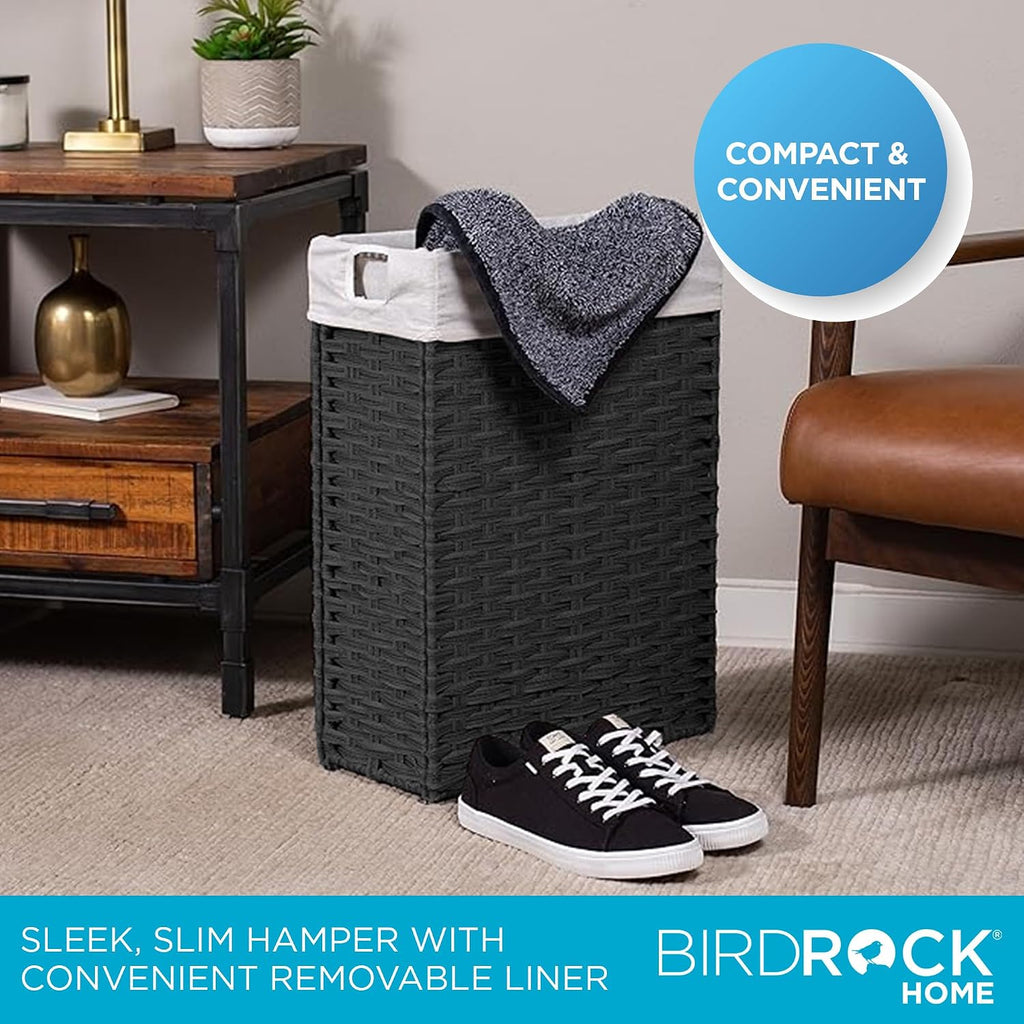 Slim Laundry Hamper with Removable Liner Bag | Brown | Hand Woven | Compact Collapsible Clothes Basket | Synthetic PE