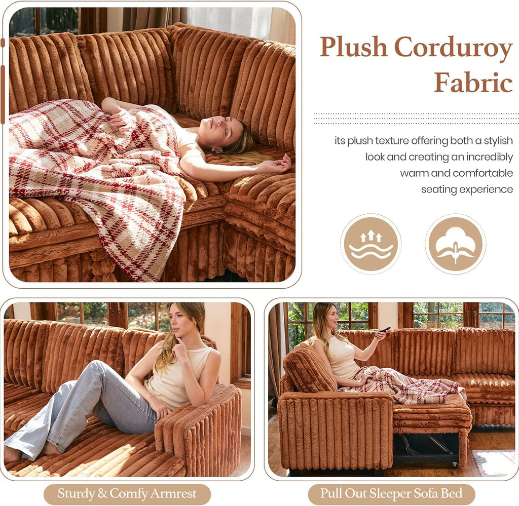 Corduroy Sleeper Sofa Bed with Storage Chaise Modular Sectional Sofa Couch with Pull Out Bed L Shaped