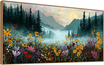 Framed Canvas Wall Art - Mountain Landscape with Wildflowers Wall Decor Moon Over Misty Forest Nature Painting Print