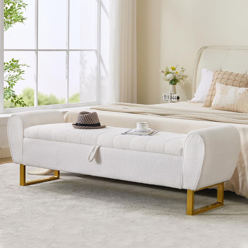 67'' King Size End of Bed Storage Bench ,Teddy Bedroom Benches for Foot of Bed King with Gold Legs, Storage Ottoman