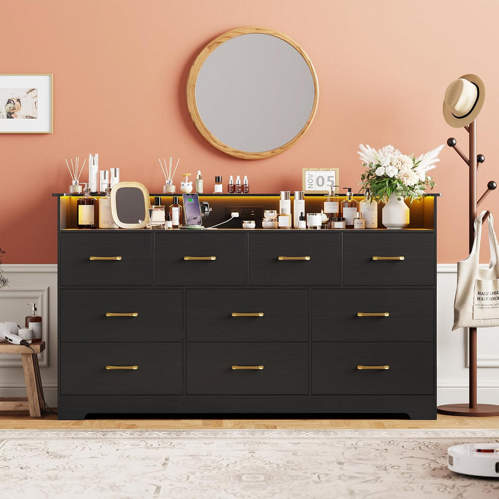 10 Drawer Dresser - 65'' Wide Chest of Drawers with LED Light and Charging Station, Modern Large TV Stand Cabinet