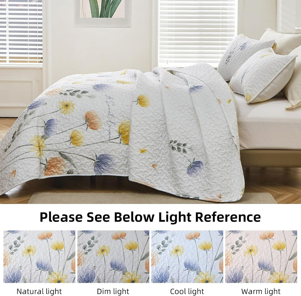 Floral Quilt Set 3 Pieces Blue & Yellow Quilts Bedding Set Bohemian Bedspread Bed Cover Lightweight Spring