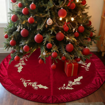 48 Inches Velvet Christmas Tree Skirt Red Wine Luxury Xmas Gold Fur Plush Skirts with Gold Embroidered Holly for