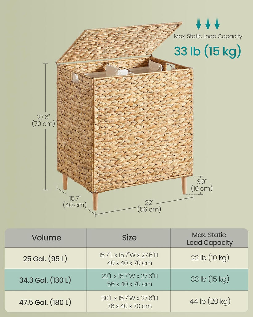 Laundry Hamper 2 Sections, 34.3 Gal. (130 L) Handwoven Water Hyacinth Wicker Laundry Basket with Lid, Natural