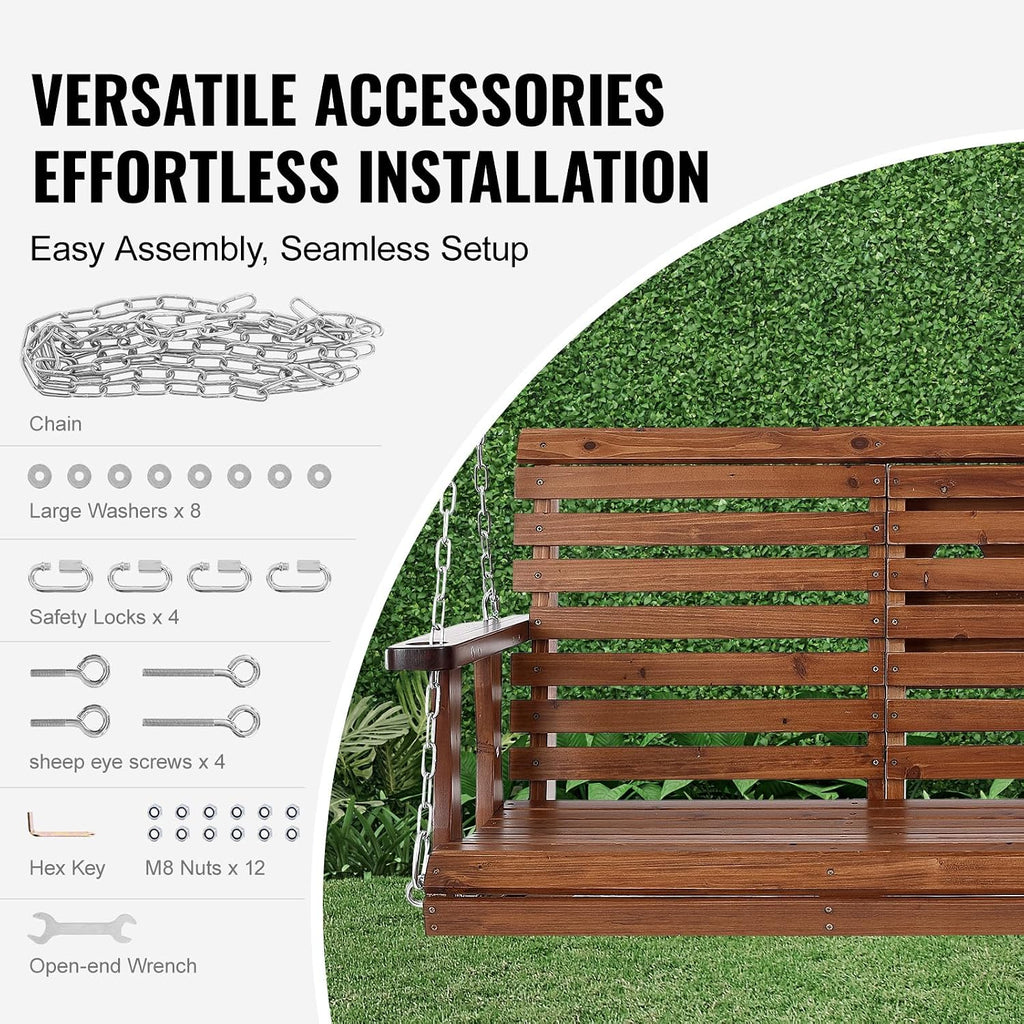 Wooden Porch Swing 5 ft, Patio Bench Swing for Courtyard & Garden, Upgraded 880 lbs Strong Load Capacity, Heavy Duty