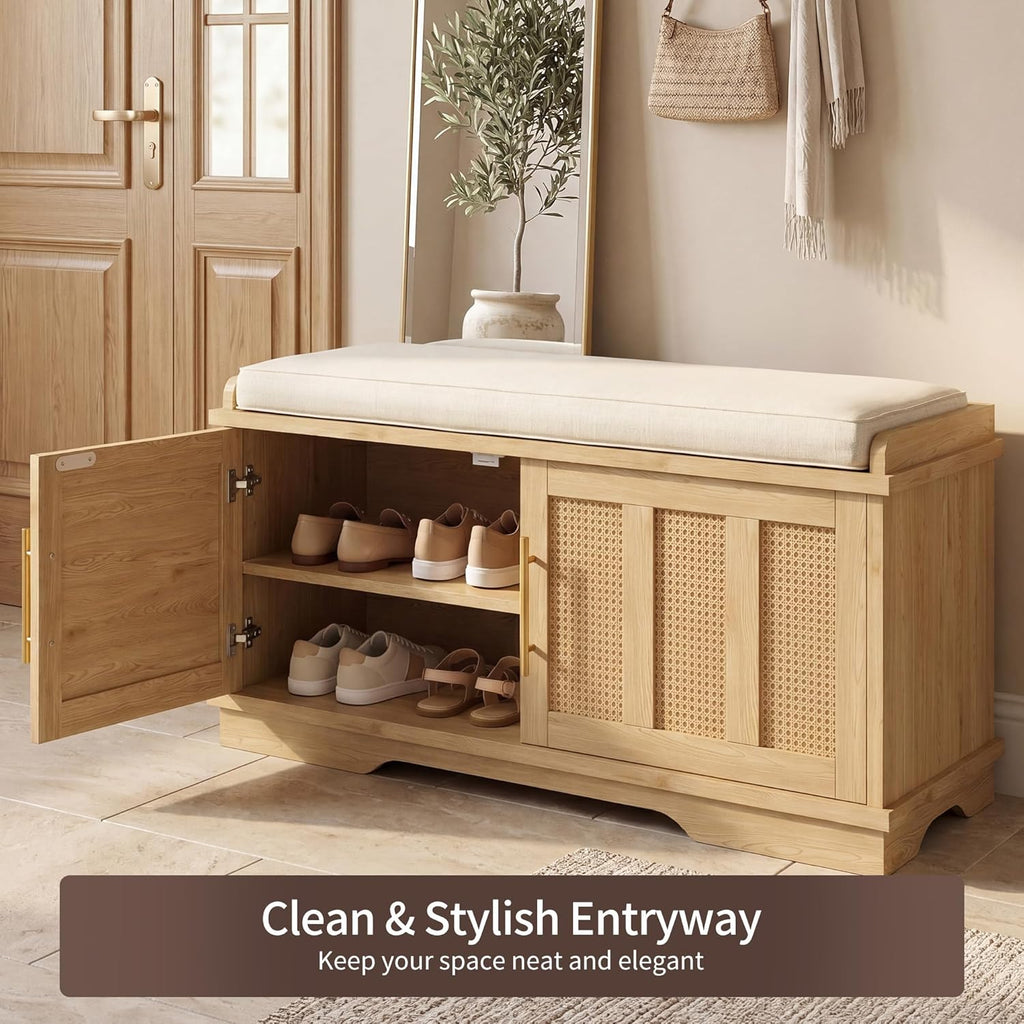 Shoe Cabinet with Bench, Rattan Entryway Storage Bench with Cushion, Shoe Storage Bench Cabinet with 2 Doors