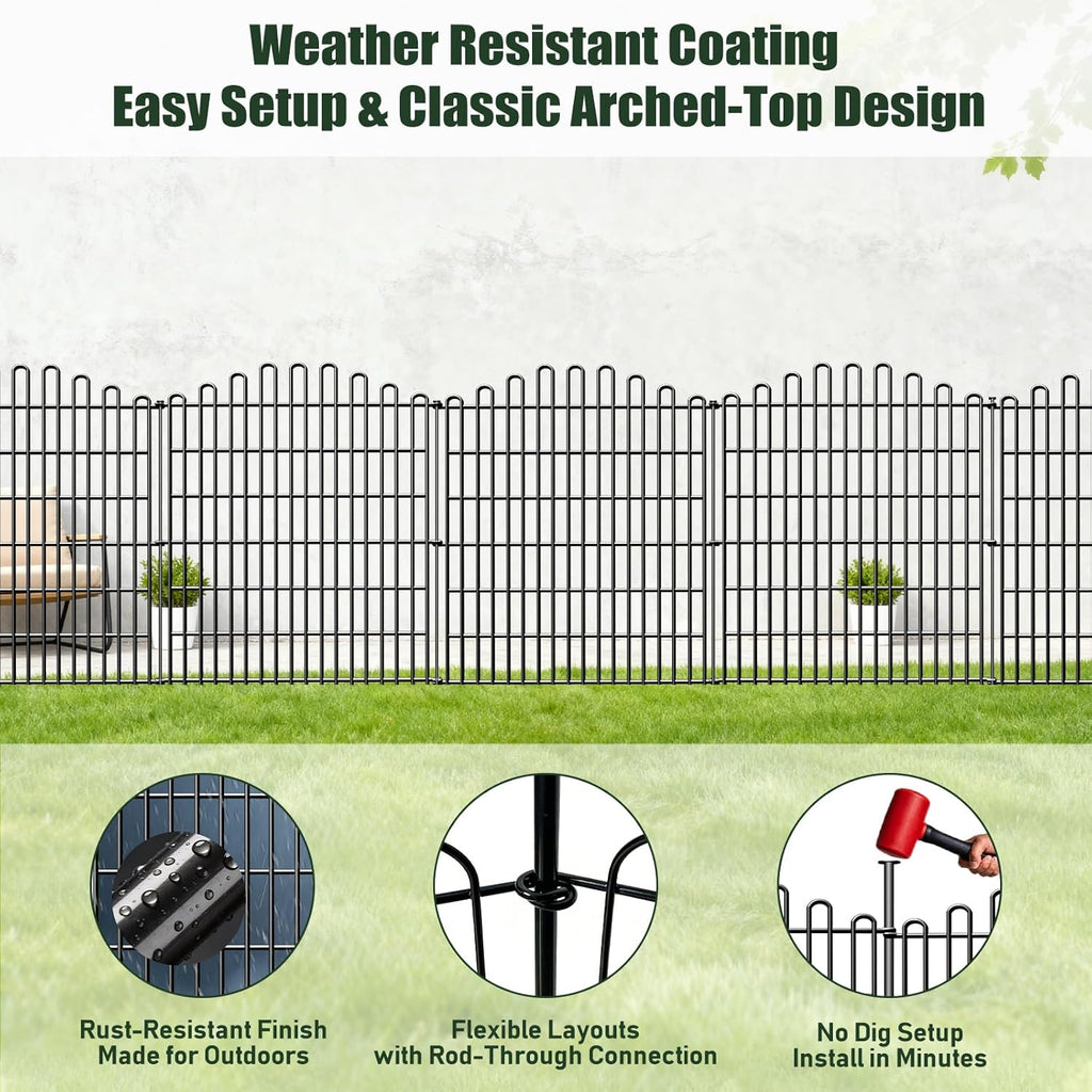 10 Panels No Dig Decorative Garden Fence, 33in H x 23.6ft L Animal Barrier Fencing, Rustproof Dog Fence Outdoor for