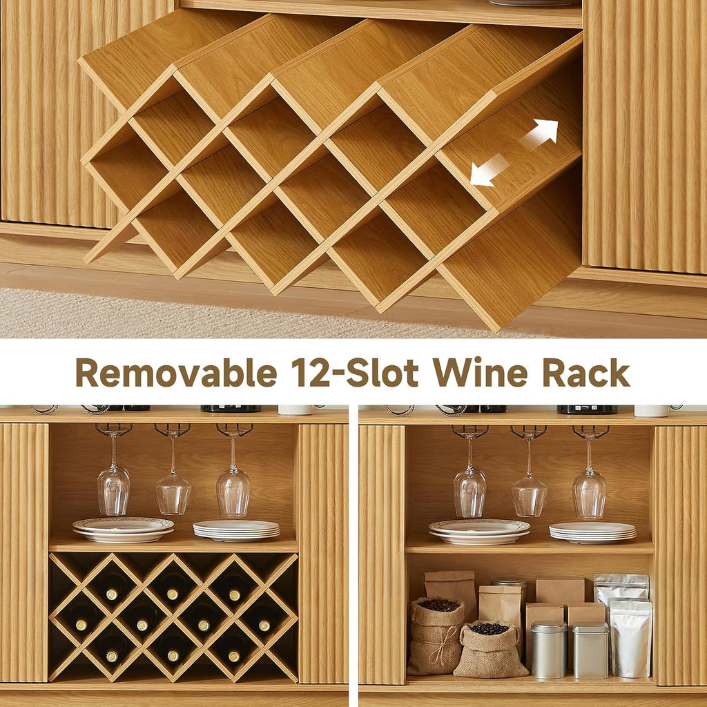 Fluted Coffee Bar Cabinet, 58" Wine Cabinet with Rack&Glass Holder | Wooden Buffet Sideboard, Farmhouse Liquor