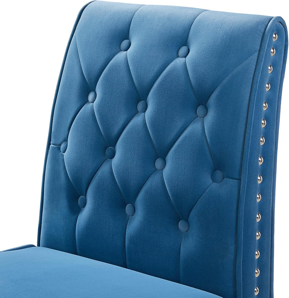 Blue Velvet Dining Chairs, DRM'SCUUM Comfy Dining Room Chairs, Soft Blue Velvet with Fabric Buttons and Nails