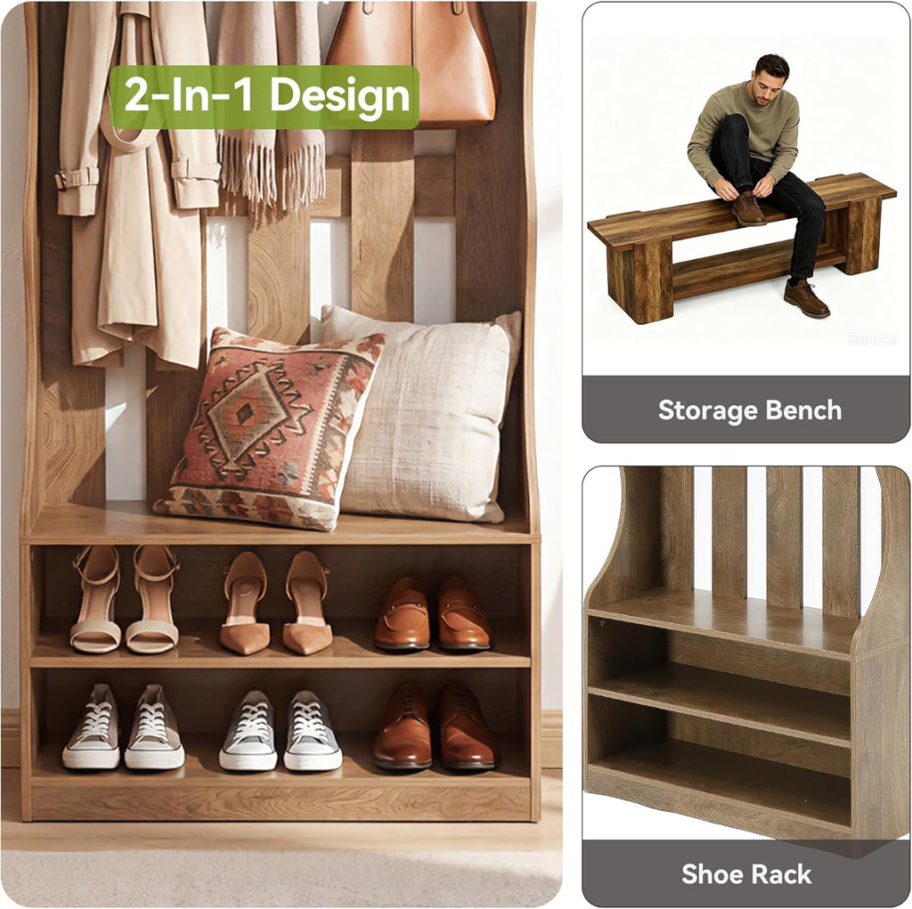 3-In-1 Coat Rack with Shoe Bench, 70.9" Tall Hall Tree with 7 Hooks, Farmhouse Entryway Coat Rack with 2 Tier Shoe