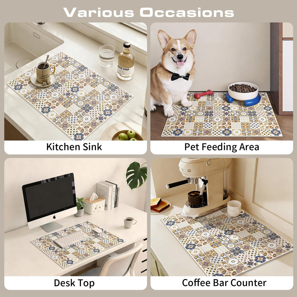 Boho Coffee Mat Cuttable Placemat Quick Dry Dish Mat Counter Sink 16"X24" (Elegant Mosaic C)
