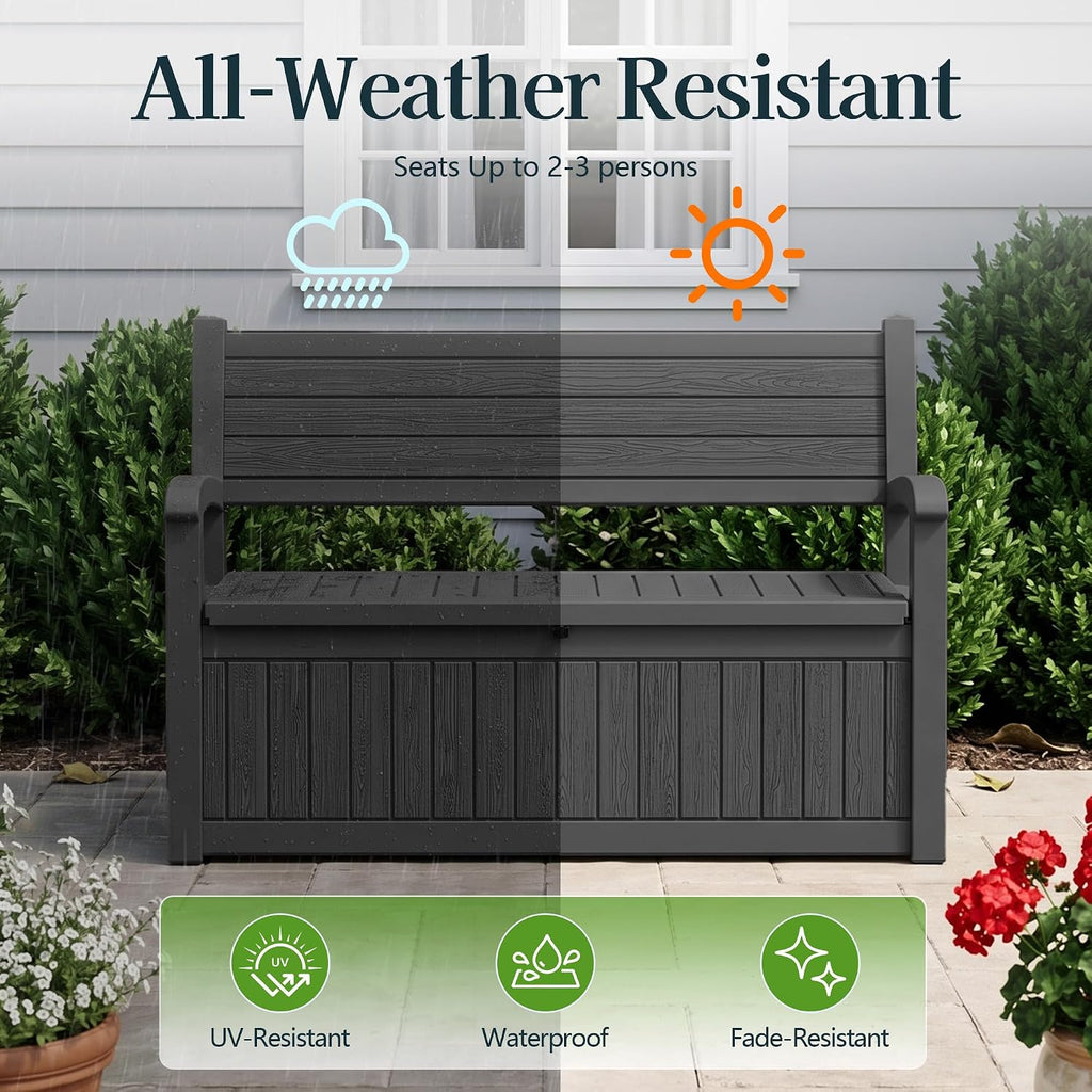 Outdoor Bench, Waterproof Garden Storage Bench, 100 Gallon Deck Box | Lockable Resin Bench Seating Weatherproof