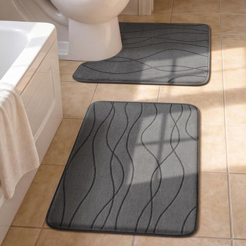 Bathroom Rugs Set 2 Piece, Memory Foam Bath Mat Dark Grey | U Shaped+Small Mat, Ultra Soft, Absorbent, Non-Slip