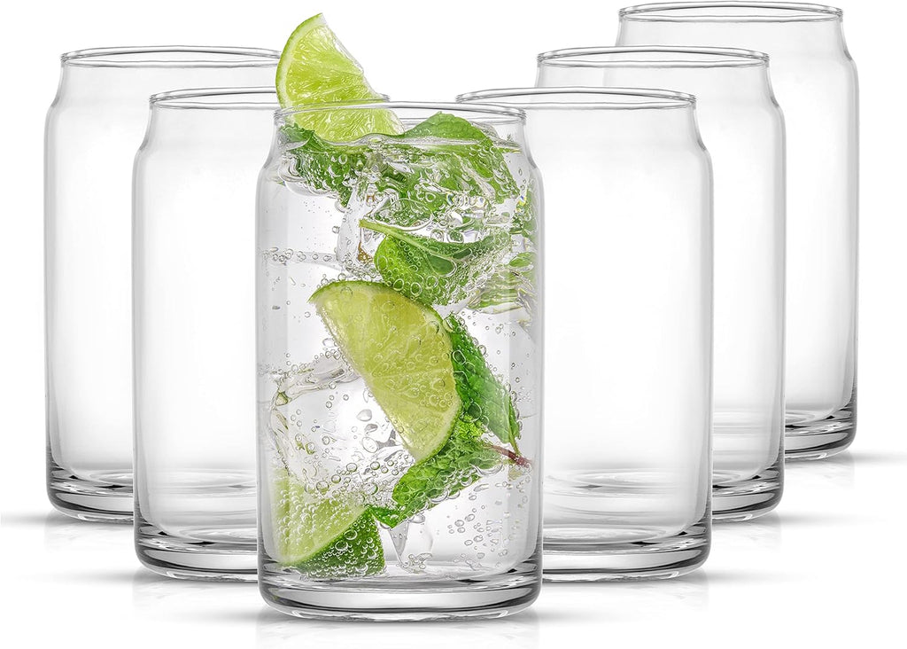 Drinking Glass Cups Set of 6-16oz Beer Can Glasses. Clear Soda Can Shaped Glass Cups, Cute Iced Coffee Cup Tumblers