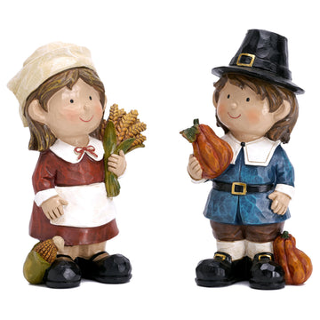 Fall Decorations, 2 Pcs Fall Decor for Table Indoor Outdoor, Resin Thanksgiving Decorations Garden Pumpkins Pilgrim