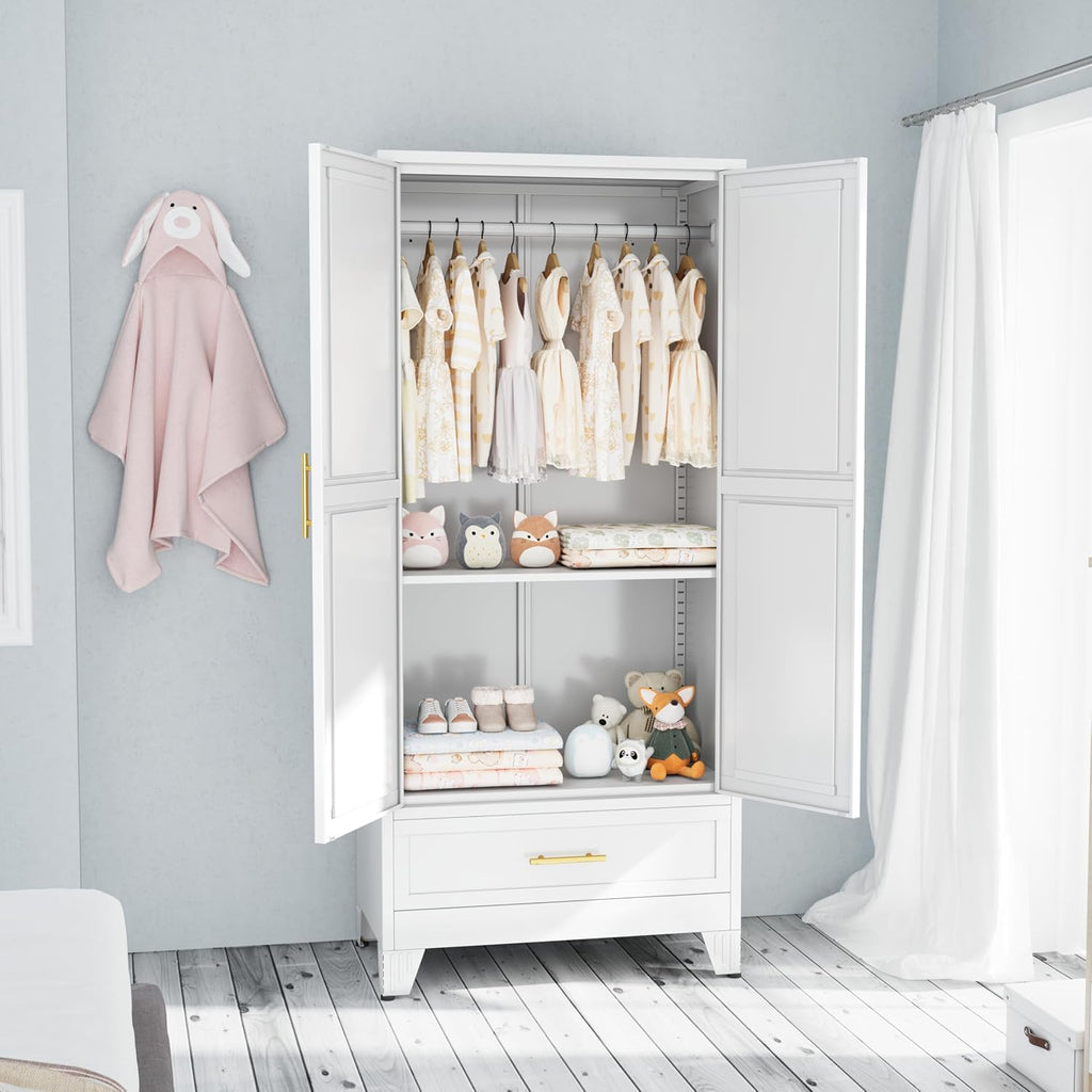 71" H Metal Armoire Wardrobe Closet with Drawer, Adjustable Shelf, Clothes Drying Pole, Clothes Storage Closet (White)