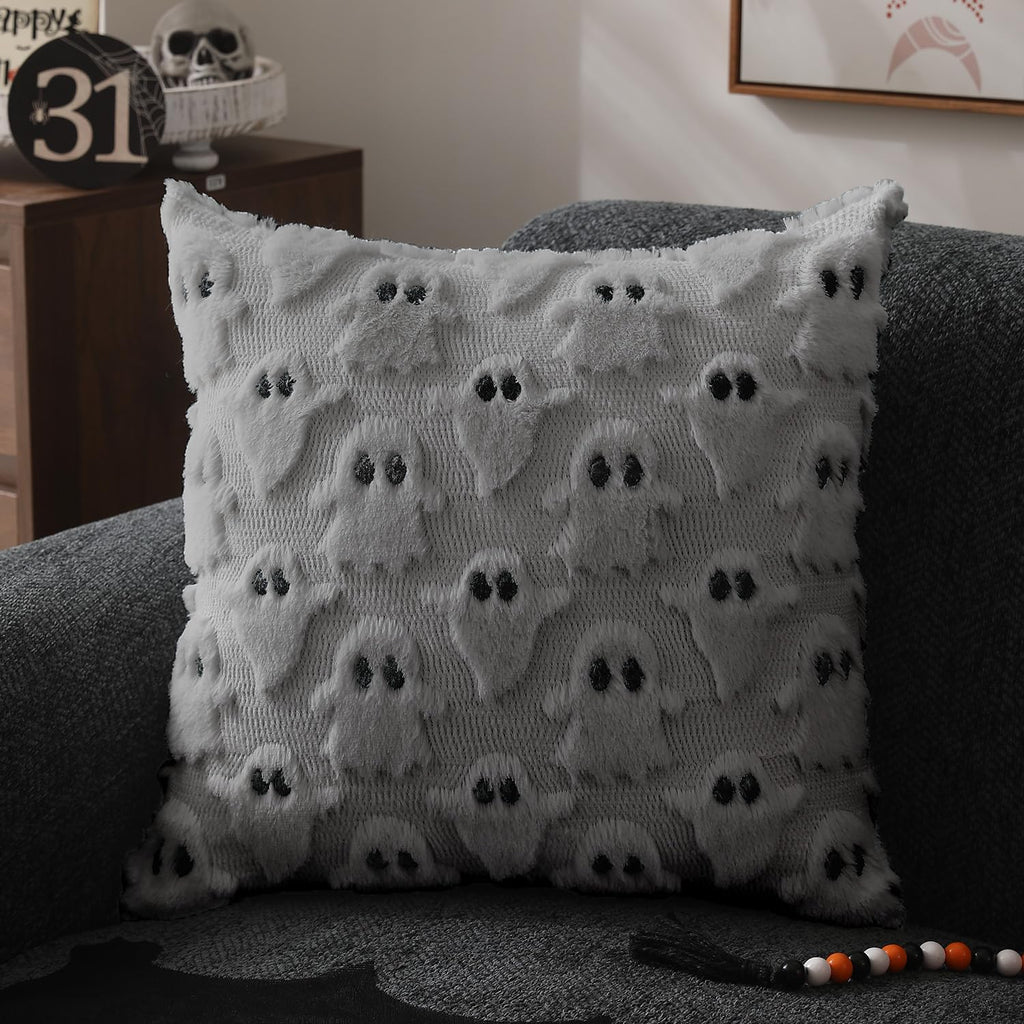 Halloween Pillow Covers 20x20 inch Set of 2 Silver Gray Ghost Throw Pillow Cases Soft Plush Faux Fur Wool Couch