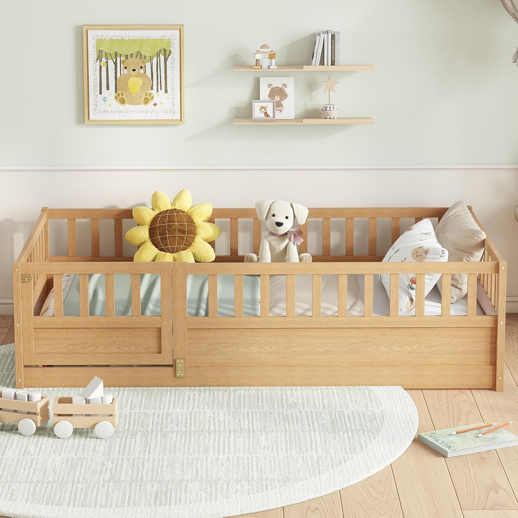 Twin Size Floor Bed with Fence and Door, Montessori Floor Bed with Slats, Twin Size Montessori Beds for Kids, Girls
