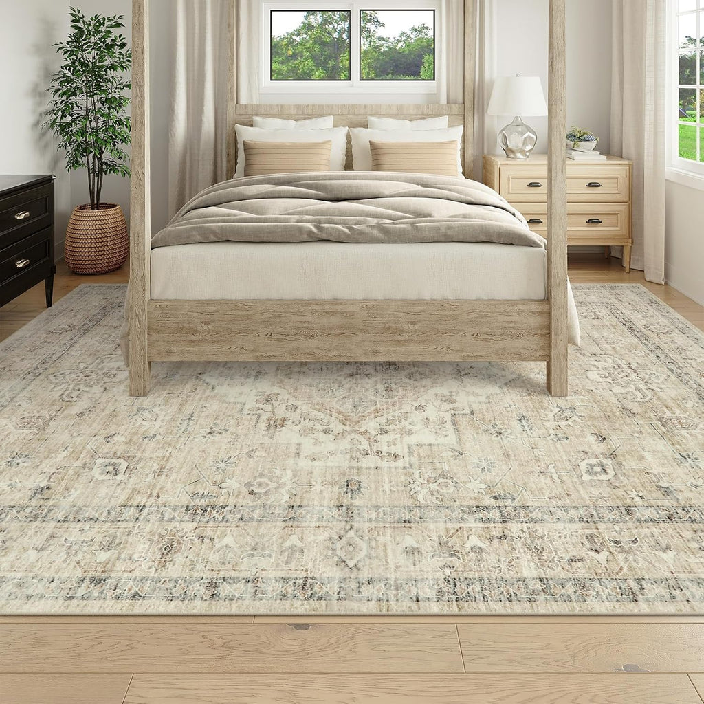 Washable Area Rug 9x12 Rugs Bedroom, Non-Slip Boho Neutral Carpet Office, Low-Pile Farmhouse Soft Carpets for Kids