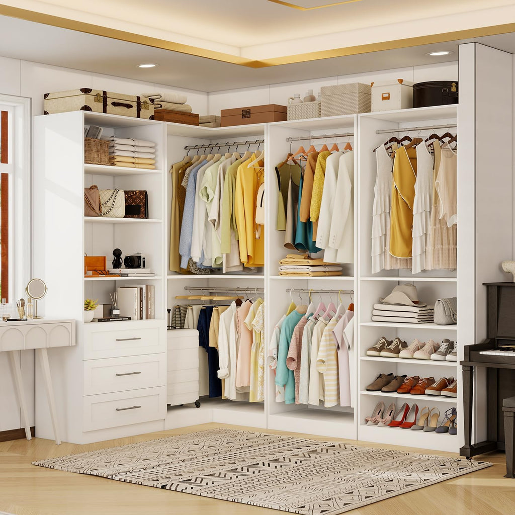 Closet Organizer System of 4 Sets with 3 Drawers, 9 Hanging Rods & 8 Shelves, 157" Walk in Closet System, Corner