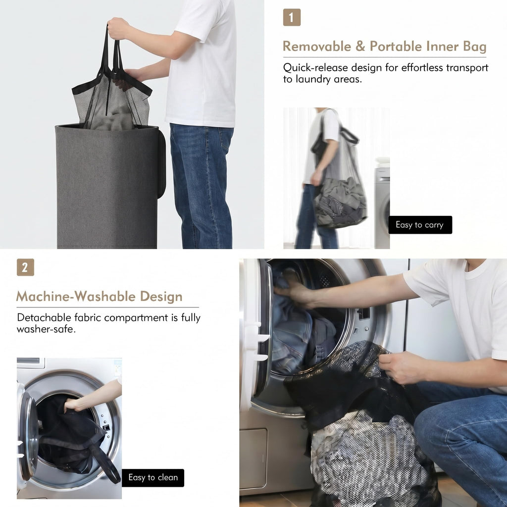 100L Laundry basket Hamper with Lid & Removable Mesh Bag, Grey