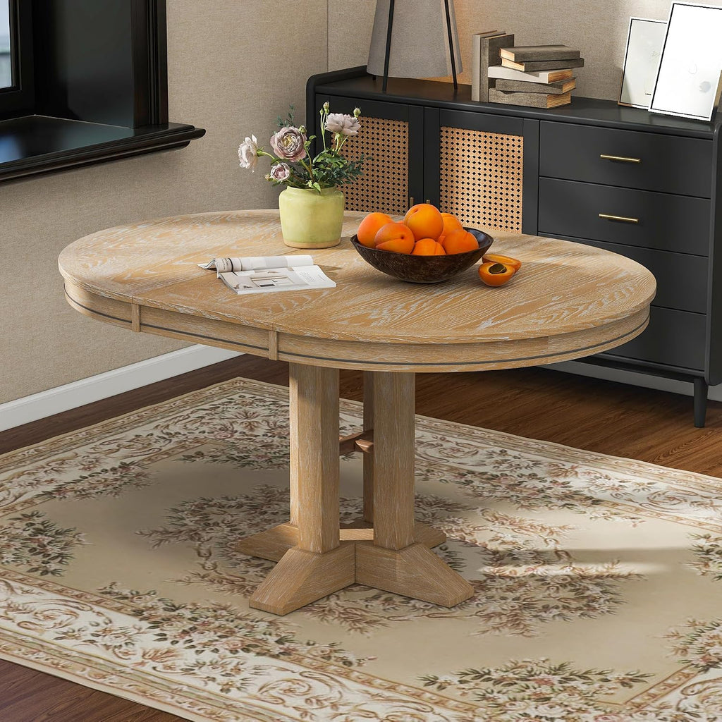 Mid-Century Modern Functional Extendable Round Dining Table with 14" Leaf,Oval Extendable Wooden Dining Table