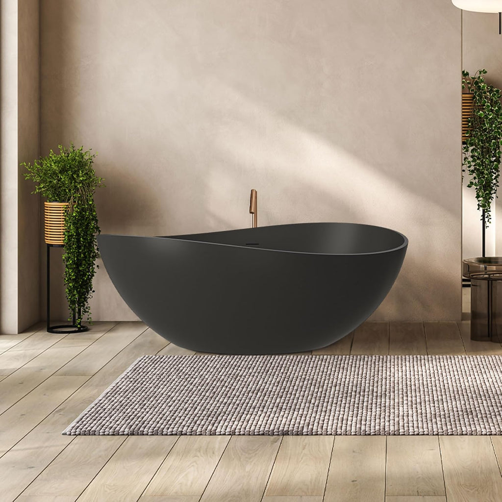 63" Free Standing Tub, Matte Black Stone Resin Freestanding Bathtub Solid Surface Soaking Tub with Drain, Drain Hose