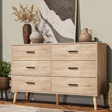 Wood Dresser , 6 Drawer Dresser with Metal Handles, Mid Century Modern Chest of Drawer Large Storage Organizer