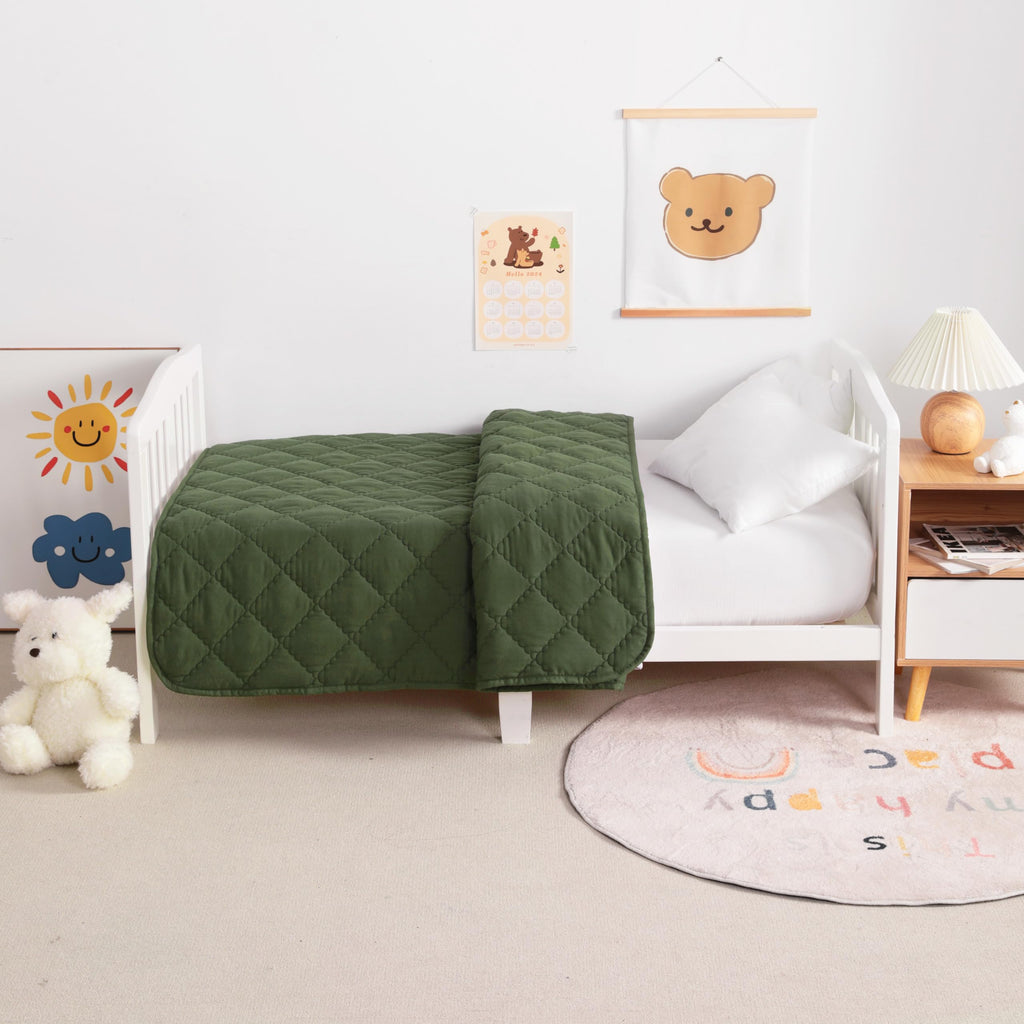 Down Alternative Toddler Comforter, Lightweight and Warm Solid Color Baby Crib Quilted Blanket, 39x47 inches, Olive