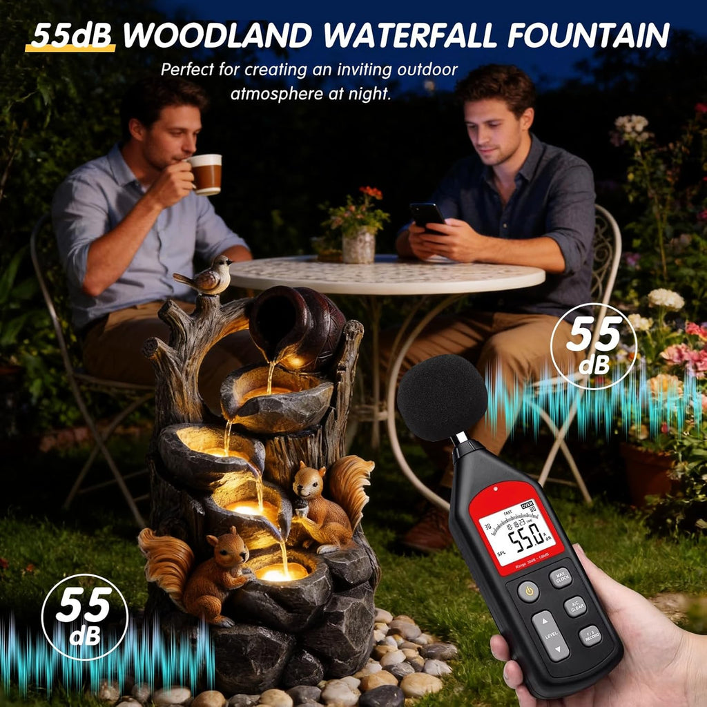 Outdoor Water Fountain with LED Lights, 30.1" Squirrel & Tree Stump Cascading Water Feature