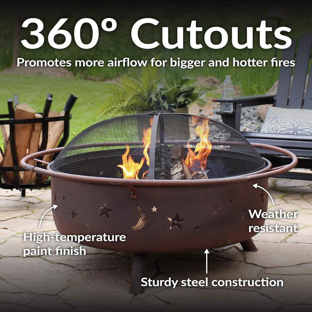 Cosmic 42-Inch Large Outdoor Fire Pit - Heavy-Duty Round Wood-Burning Steel Firepit
