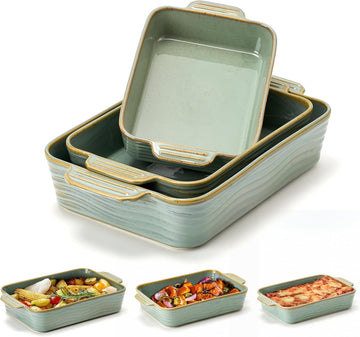 Ceramic Dish Set of 3, Casserole Dishes for Oven, Square Porcelain Bakeware Set with Handles, Lasagna Pan for