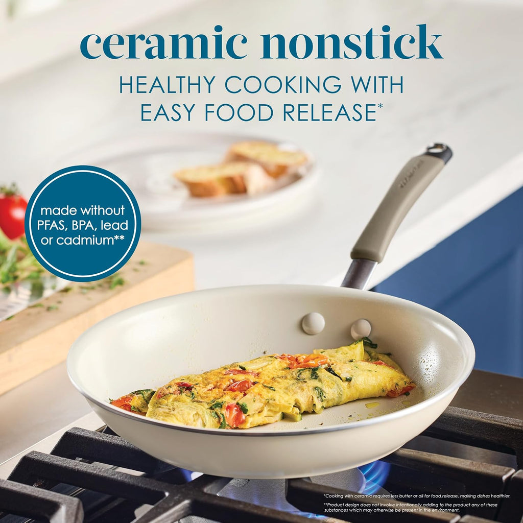 Cucina Ceramic Nonstick Cookware Pots and Pans Set, 13-Piece, Almond