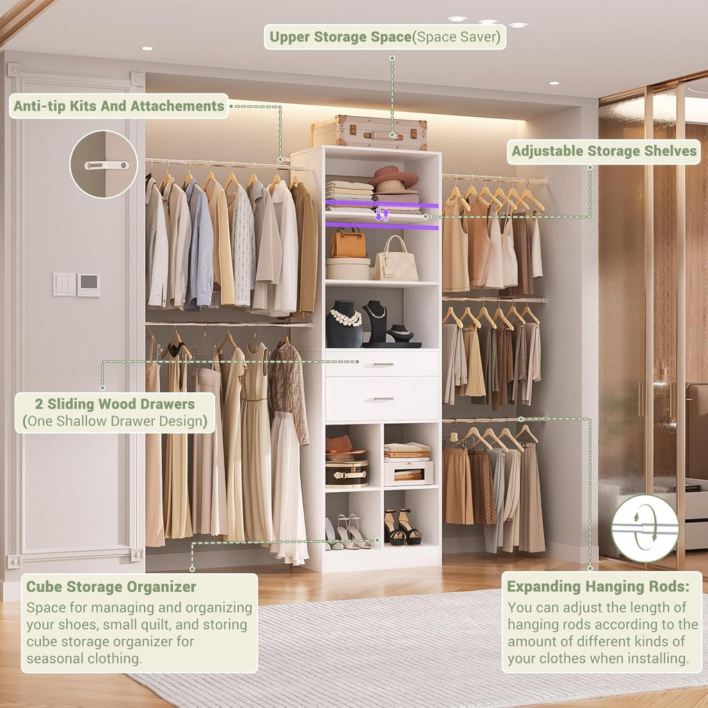 Closet System, 4-8 FT Closet Organizer Tower with 2 Wooden Drawers and Shelves, Can Fit 60 to 96 inch Walk-in Closet