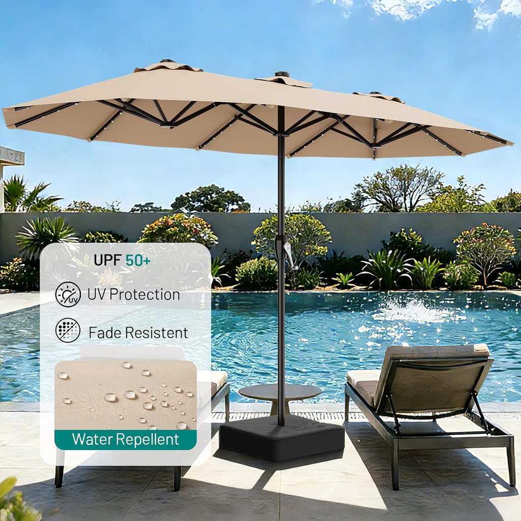 15FT Patio Umbrella with Solar Lights, Double Sided Outdoor Table Umbrellas with Crank