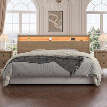 King Wooden Headboard with Storage Outlet USB LED Bed Backboard | Solid Wood Leg,Wall mounted panel,Sleeping