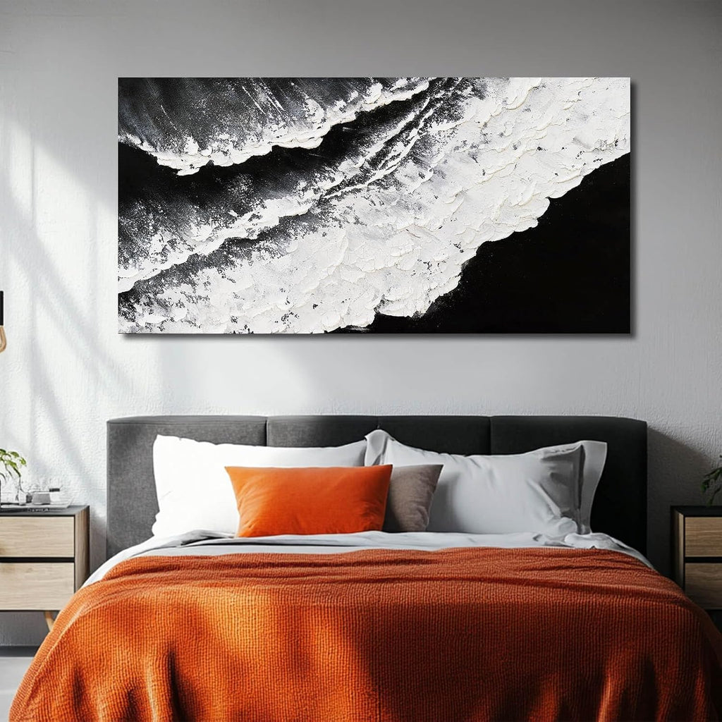 Black and White Wall Decor Sea Canvas Painting Neutral Abstract Wall Picture 24"x48" Artwork Large Wall Art Dining Room