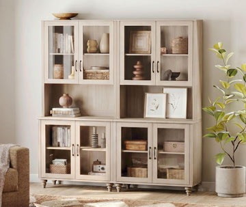 Set of 2 Light Oak Bookcase with Glass Doors, Large Farmhouse Display Book Shelf with Bar Cabinets, 72'' Tall Book