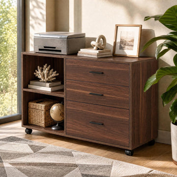 39" Wooden Filing Cabinet with Open Storage Shelf and 3 Drawers | Rolling File Cabinet with Adjustable Hanging Rail