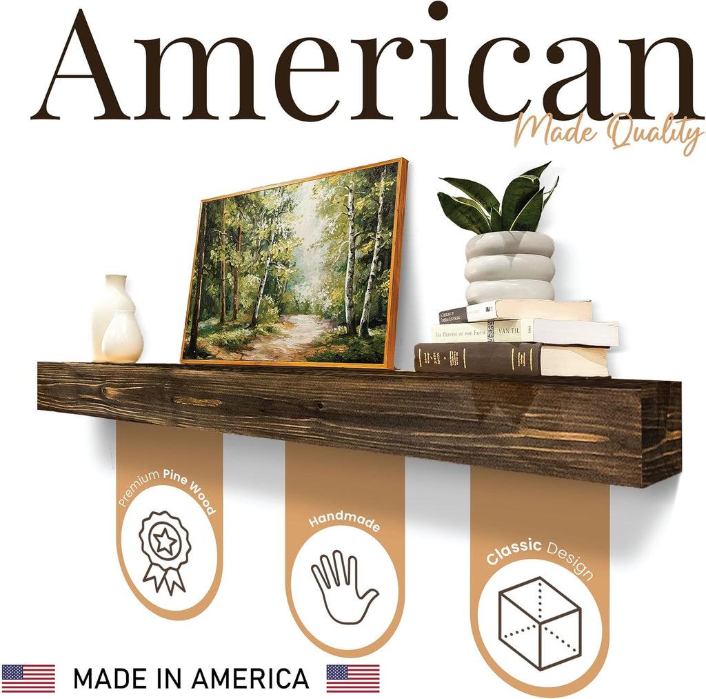 USA Made Real Wood - Handcrafted Farmhouse Wall Mounted for Over Fireplace Floating Shelf Mantle (Rustic, 60X8X5 Inch