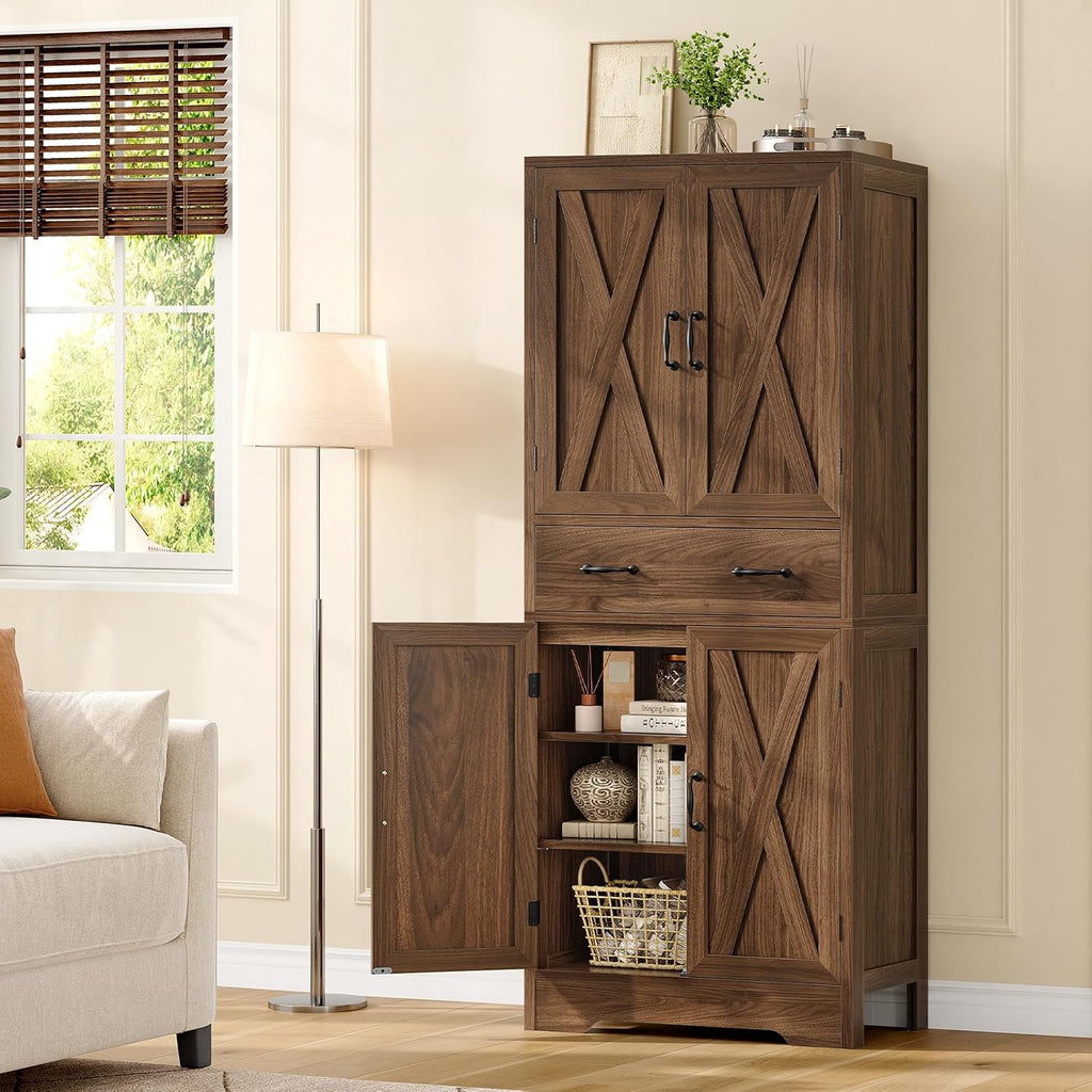 Tall Storage Cabinet with 2 Adjustable Shelves & 1 Large Drawer, Kitchen Pantry Cabinet with 4 Doors, Bathroom