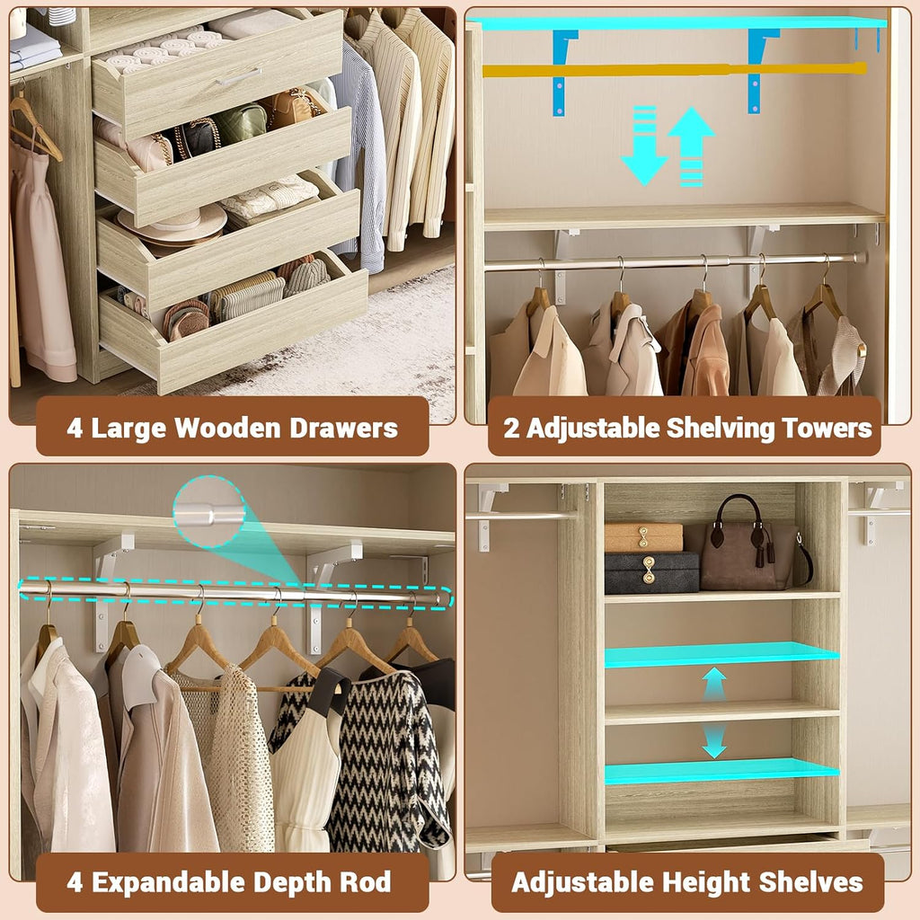 Closet System with 4 Drawers, 8FT Wood Closet Organizer System, 96'' Closet Built In System Tower with Shelves