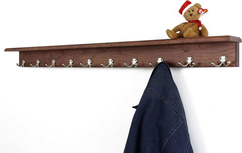 Solid Cherry Shelf Coat Rack with Satin Nickel Double Style Hooks (Mahogany, 53" with 10 Hooks)