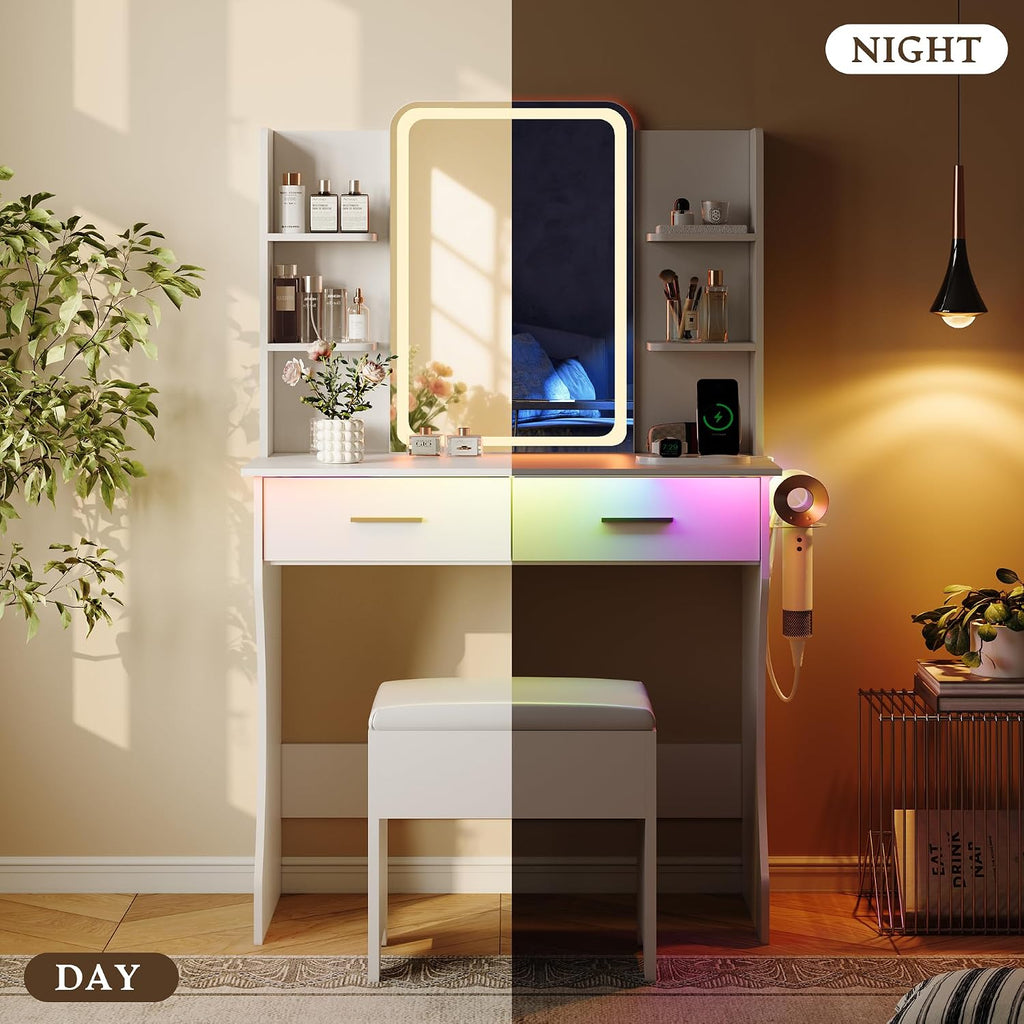 Makeup Vanity Desk with LED Lights and Mirror, Vanity Table Set with Charging Station&Cushioned Stool, 3 Lighting