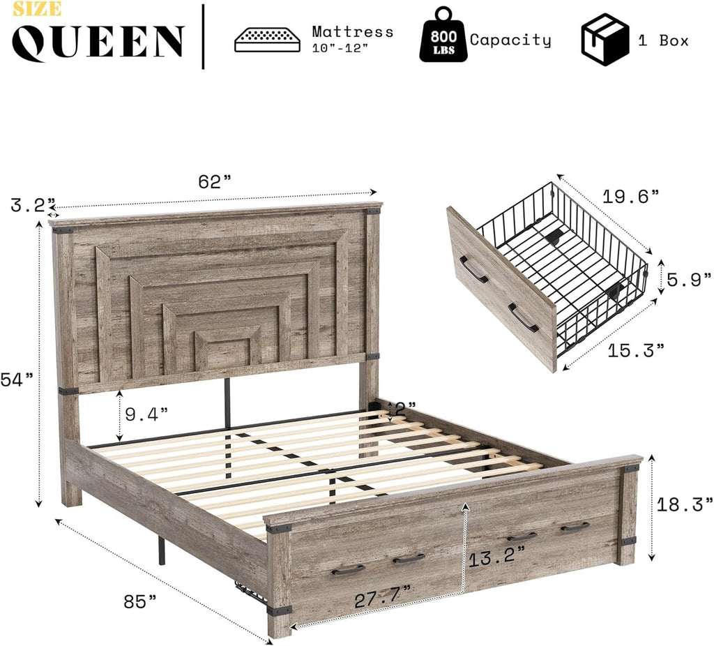 Farmhouse Queen Bed Frame with 54" Tall Geometric Headboard & Footboard, Rustic Wood Platform Bed Frame with Large