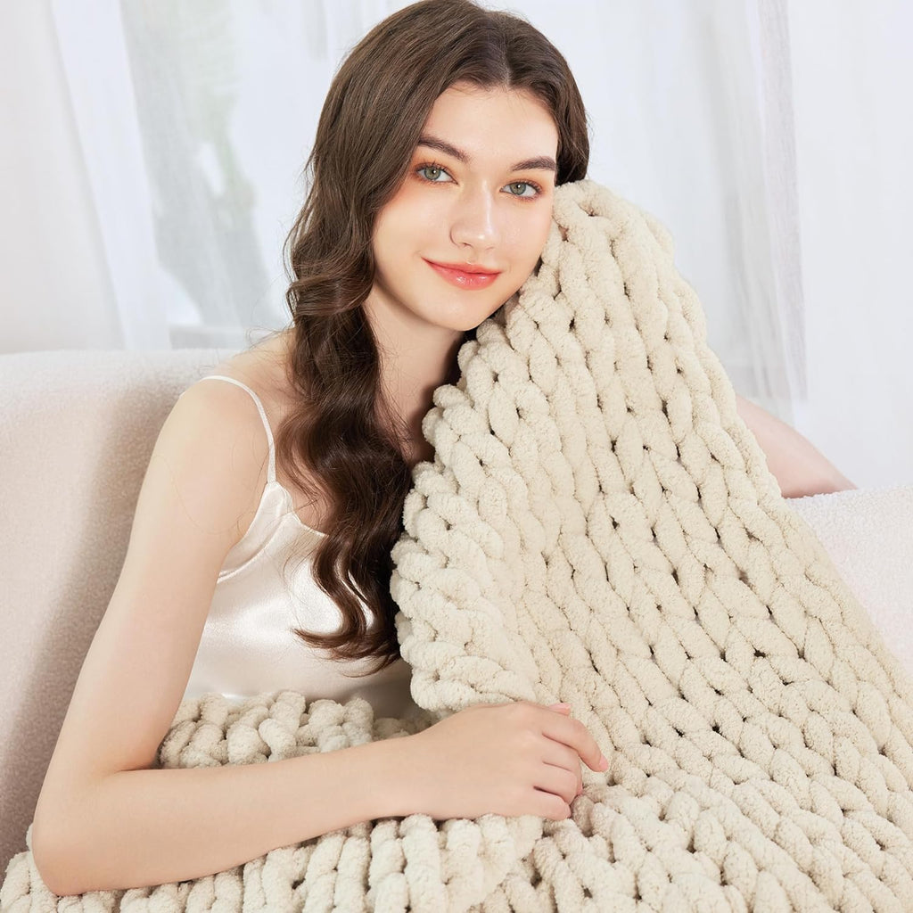 Chunky Knit Blanket Throw 51"x63", 100% Hand Knit Chenille Throw Blanket, Soft and Cozy Knitted Throw Blankets